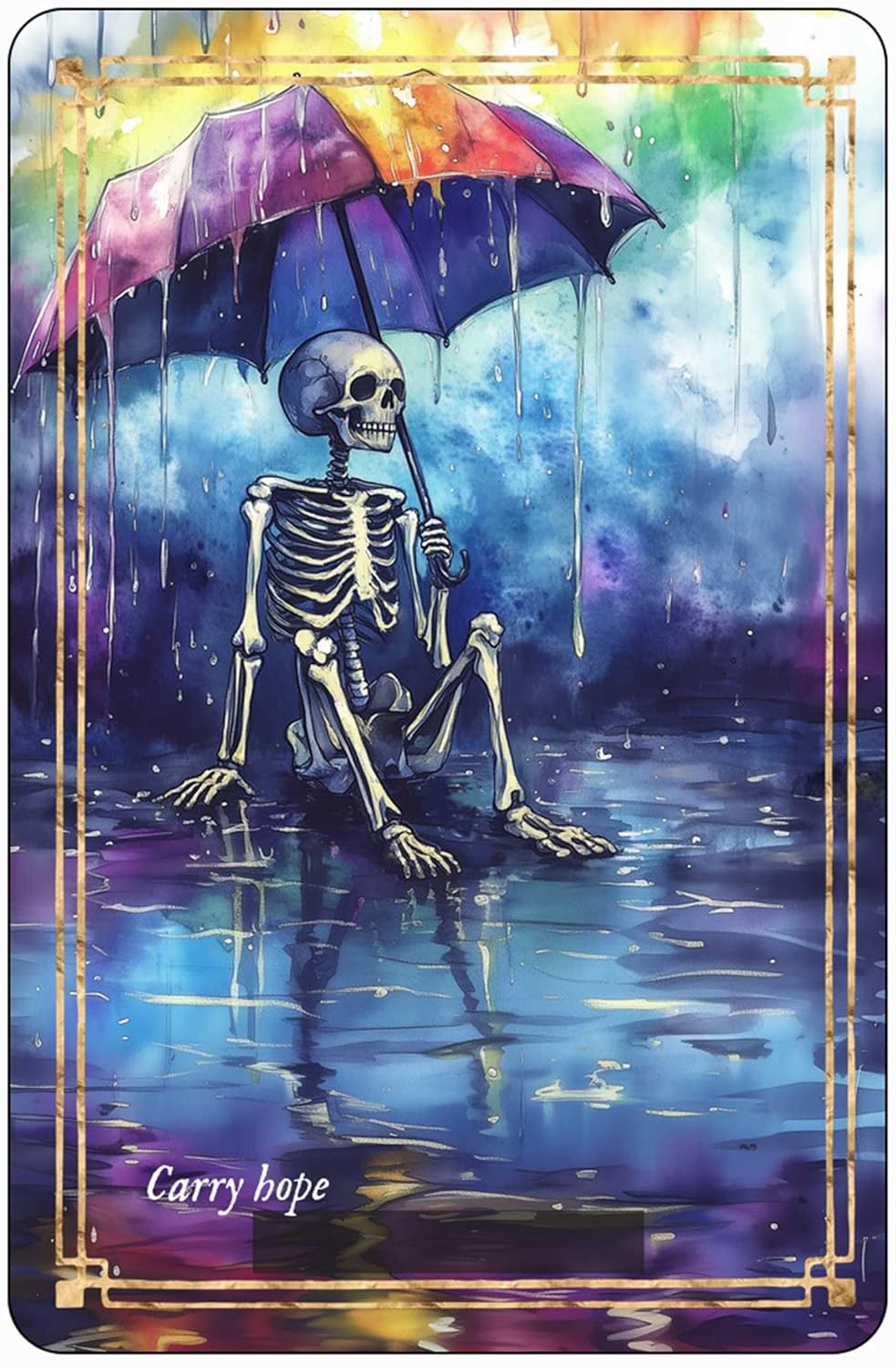 Skeleton holding a colorful umbrella in a mystical, starry background with the text 'Carry hope'.