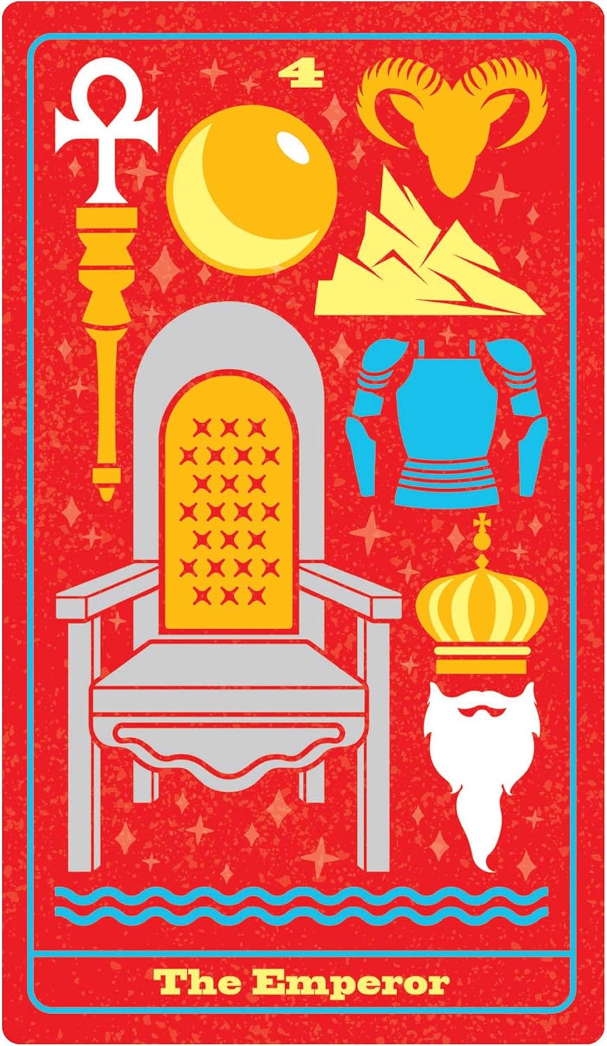 Card featuring symbols of 'The Emperor' from a tarot deck on a red background