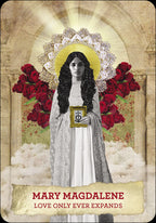 Illustration of Mary Magdalene with red roses and a quote on a textured background