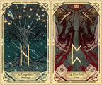 Two illustrated tarot-style cards shown side by side on a cream background. The left card is labeled '9.
