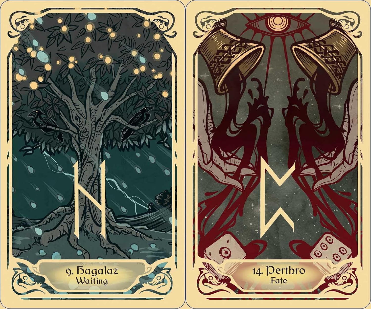 Two illustrated tarot-style cards shown side by side on a cream background. The left card is labeled '9.