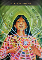 Artistic depiction of a person holding a colorful wheel with symbols, surrounded by green abstract designs.