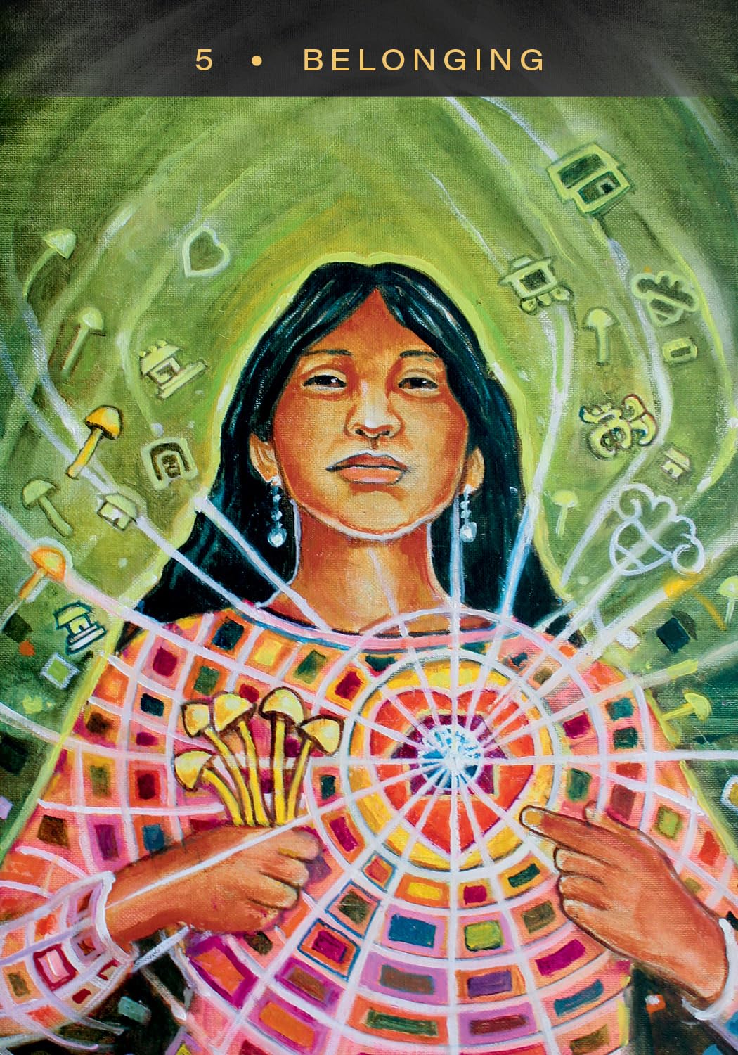 Artistic depiction of a person holding a colorful wheel with symbols, surrounded by green abstract designs.