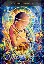 Colorful artwork of a fetus surrounded by mushrooms and abstract elements with '4 Beginnings' text.
