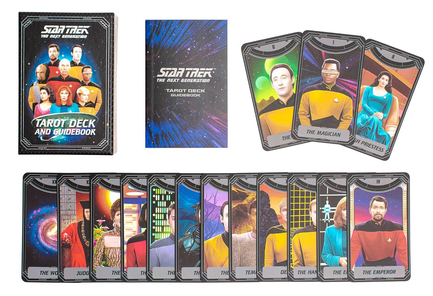 Star Trek tarot cards with character illustrations and deck packaging.