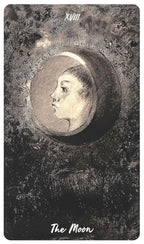 Vintage-style card featuring a moon design with a person's face inside, labeled 'The Moon'.