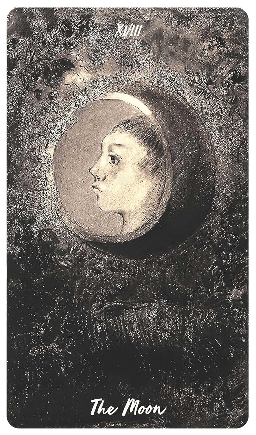 Vintage-style card featuring a moon design with a person's face inside, labeled 'The Moon'.