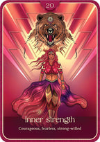 A stylized tarot card titled 'Inner strength' with the number 20 at the top. The card features an illustrated roaring bear with a third eye above a woman with long pink hair and a flowing magenta dress, set against a radiant pink and gold background with the card border and text at the bottom.