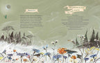 Book interior with nature-themed design, flowers, and text on a green background