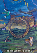 Card titled 'The Wheel of Fortune' with a stylized landscape, animals, and celestial elements.