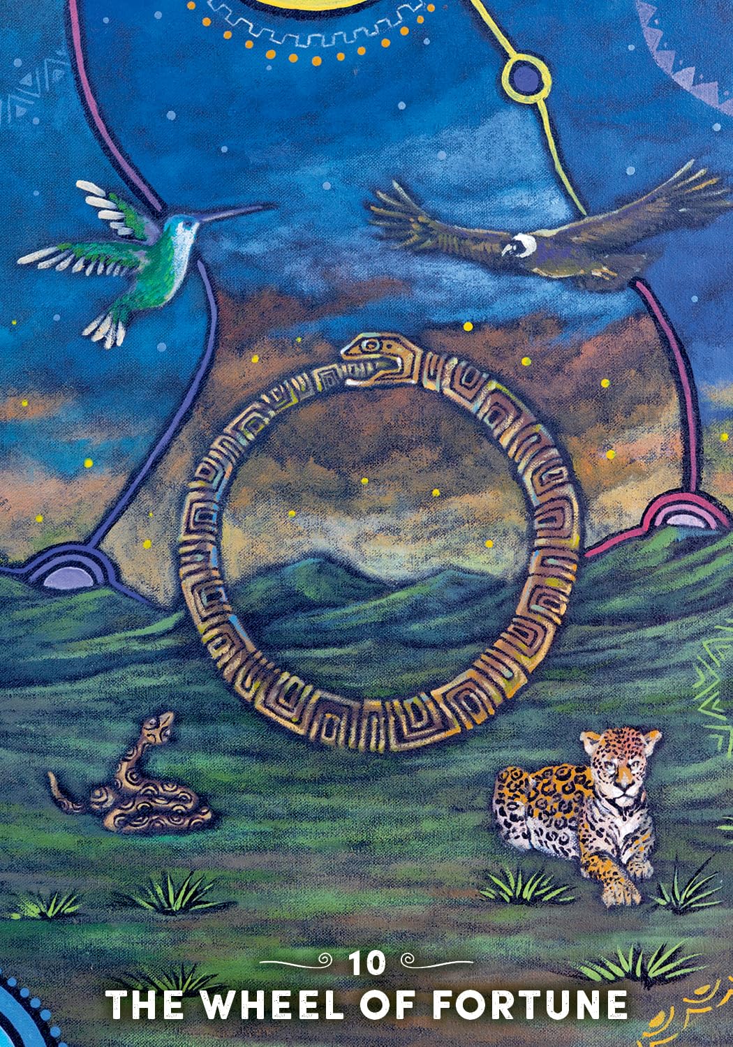Card titled 'The Wheel of Fortune' with a stylized landscape, animals, and celestial elements.
