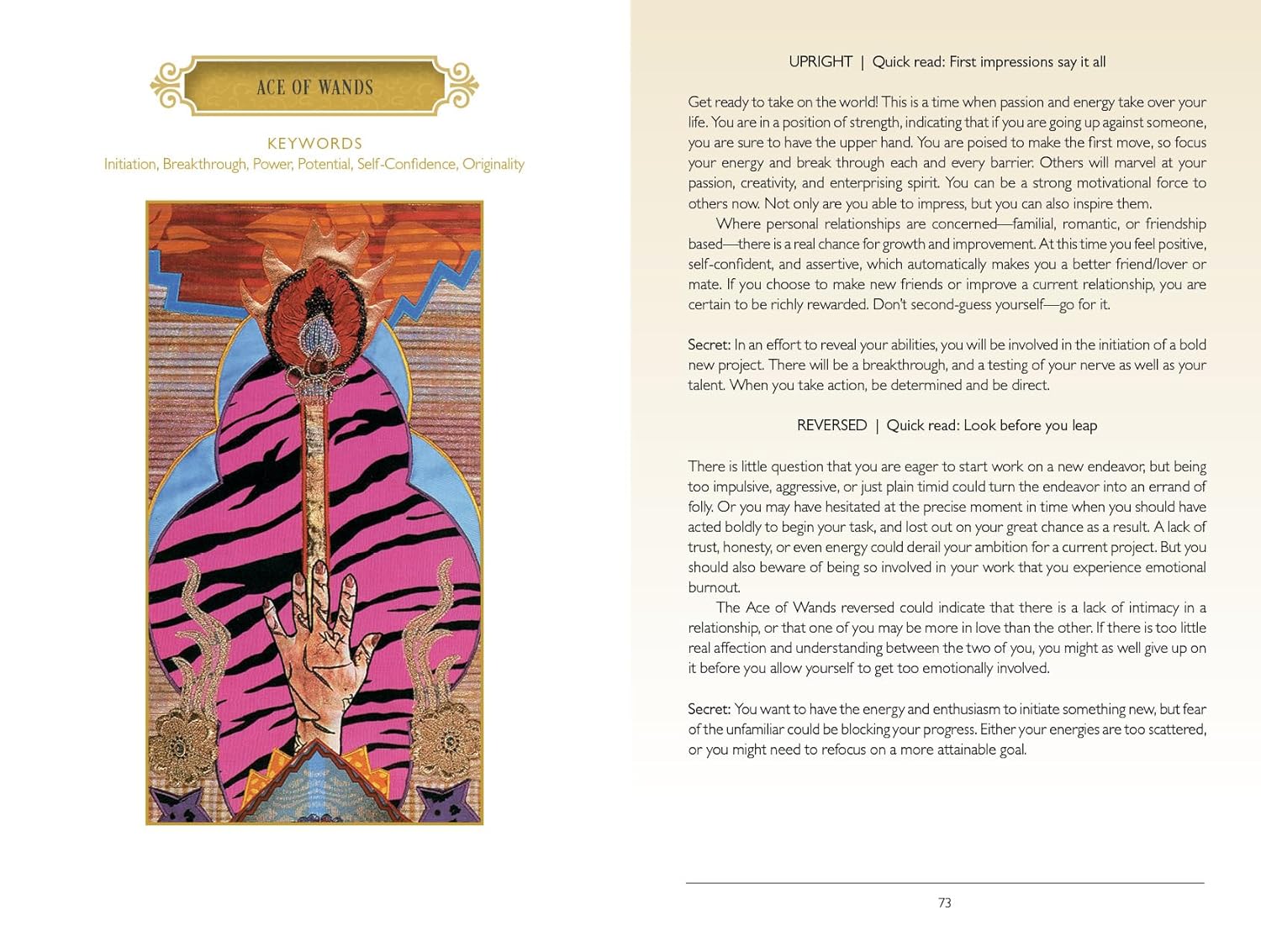 Card from a tarot deck with a tiger design and text on a beige background