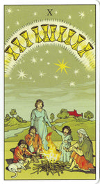Tarot card with a group of people around a campfire under a starry sky, featuring the number 10.