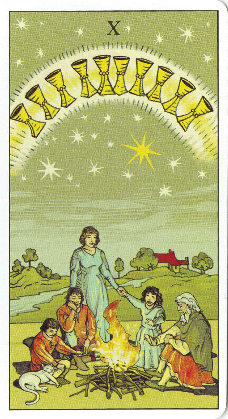 Tarot card with a group of people around a campfire under a starry sky, featuring the number 10.