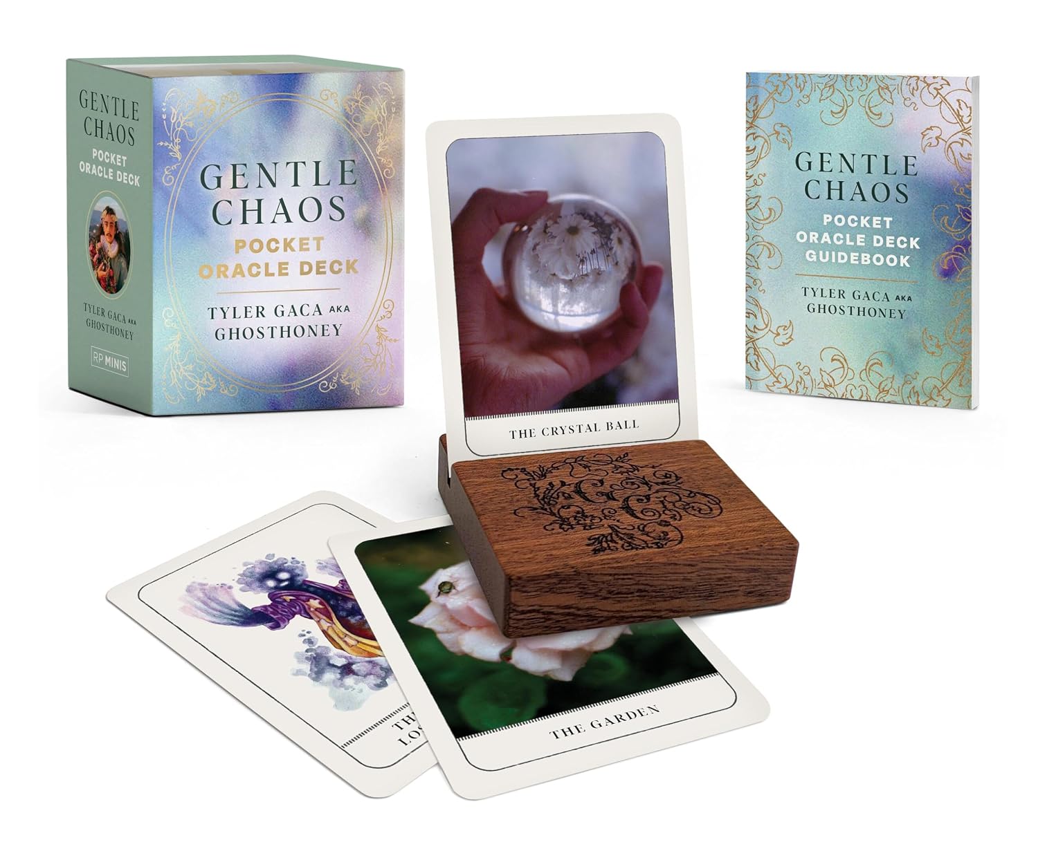Gentle Chaos Pocket Oracle Deck with cards, wooden box, and guidebook on a white background