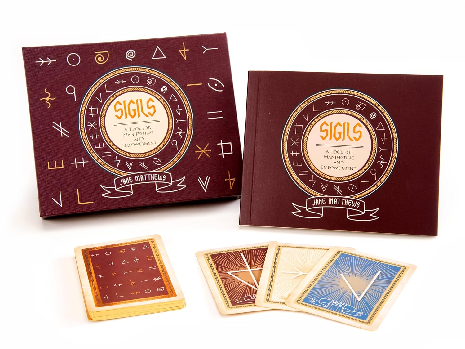 Two books titled 'SIGILS' by Jane Matthews with a small set of cards displayed in front on a white background.