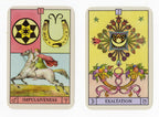 Two tarot cards with decorative designs and text on a white background