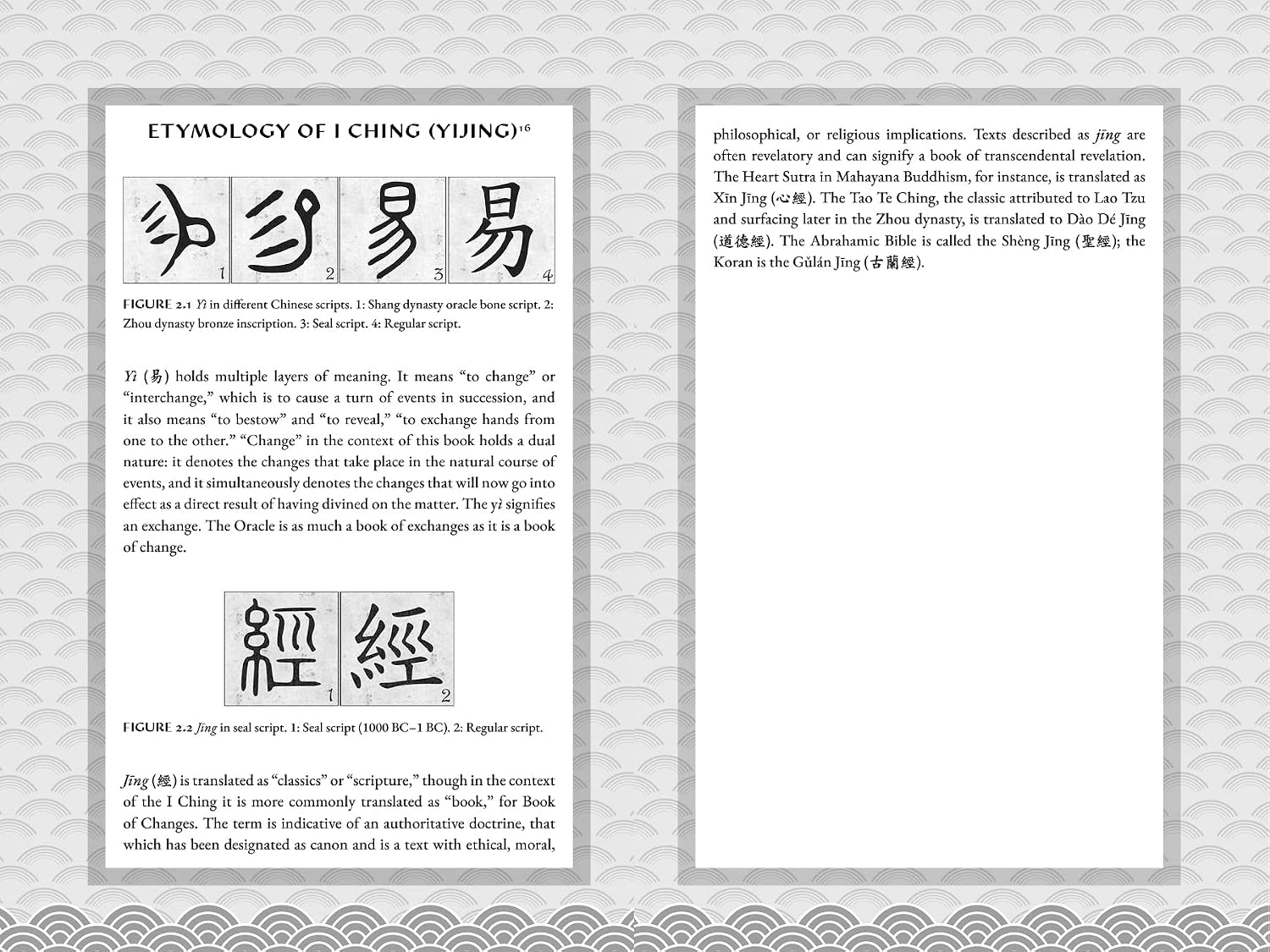 A printed informational sheet titled 'ETYMOLOGY OF CHING (YIJING)' with Chinese characters, English and Chinese text, and two small figures illustrating oracle-bank interpretations, set against a light gray patterned background.