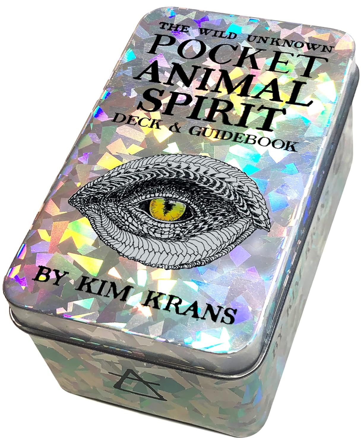 Holographic tin box with eye illustration and text 'The Wild Unknown Pocket Animal Spirit Deck & Guidebook by Kim Krans'.