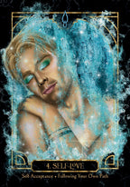 Card with a stylized portrait of a woman with glowing eyes, surrounded by decorative elements and text '4. Self-Love'.
