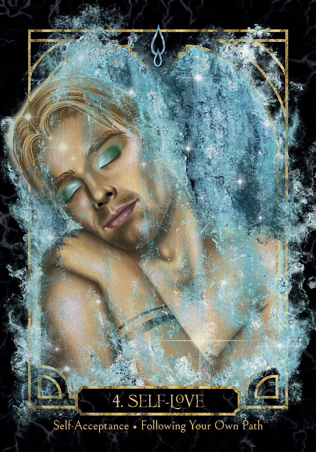 Card with a stylized portrait of a woman with glowing eyes, surrounded by decorative elements and text '4. Self-Love'.