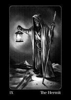 Tarot card featuring 'The Hermit' with a cloaked figure holding a lantern and staff.