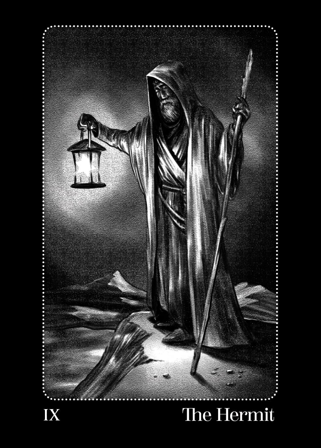 Tarot card featuring 'The Hermit' with a cloaked figure holding a lantern and staff.