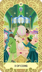 Card from a tarot deck featuring people with hot air balloons and a decorative border.