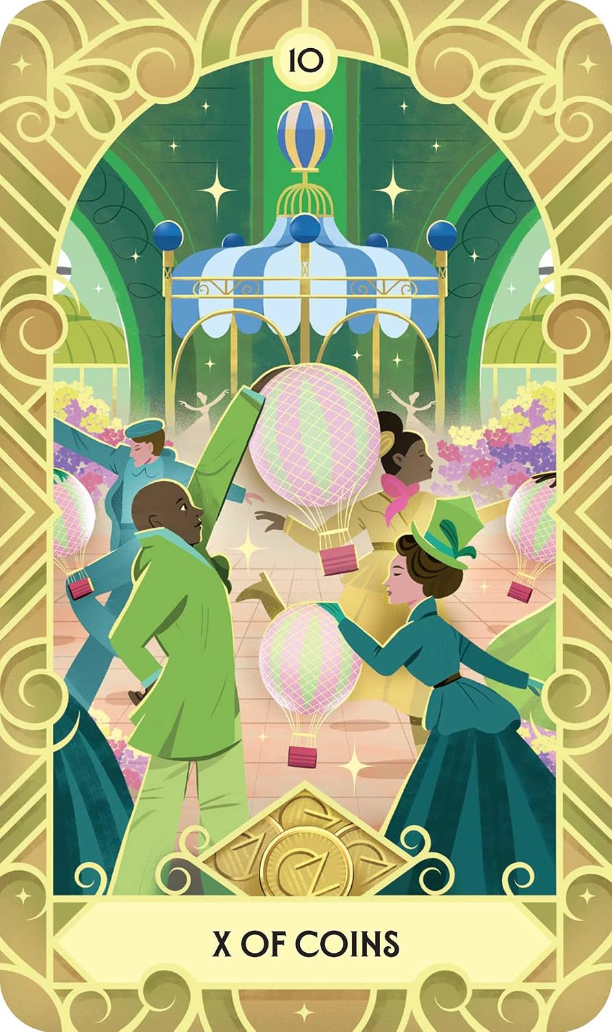 Card from a tarot deck featuring people with hot air balloons and a decorative border.