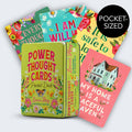Collection of colorful 'Power Thought Cards' with a tin box on a white background