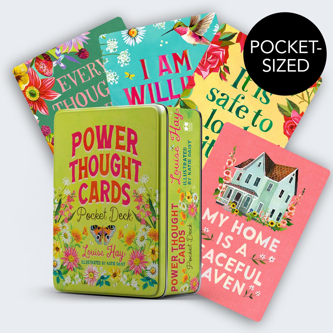 Collection of colorful 'Power Thought Cards' with a tin box on a white background