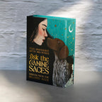 Book titled 'Ask the Canine Sages' with a woman and dog illustration on a textured background