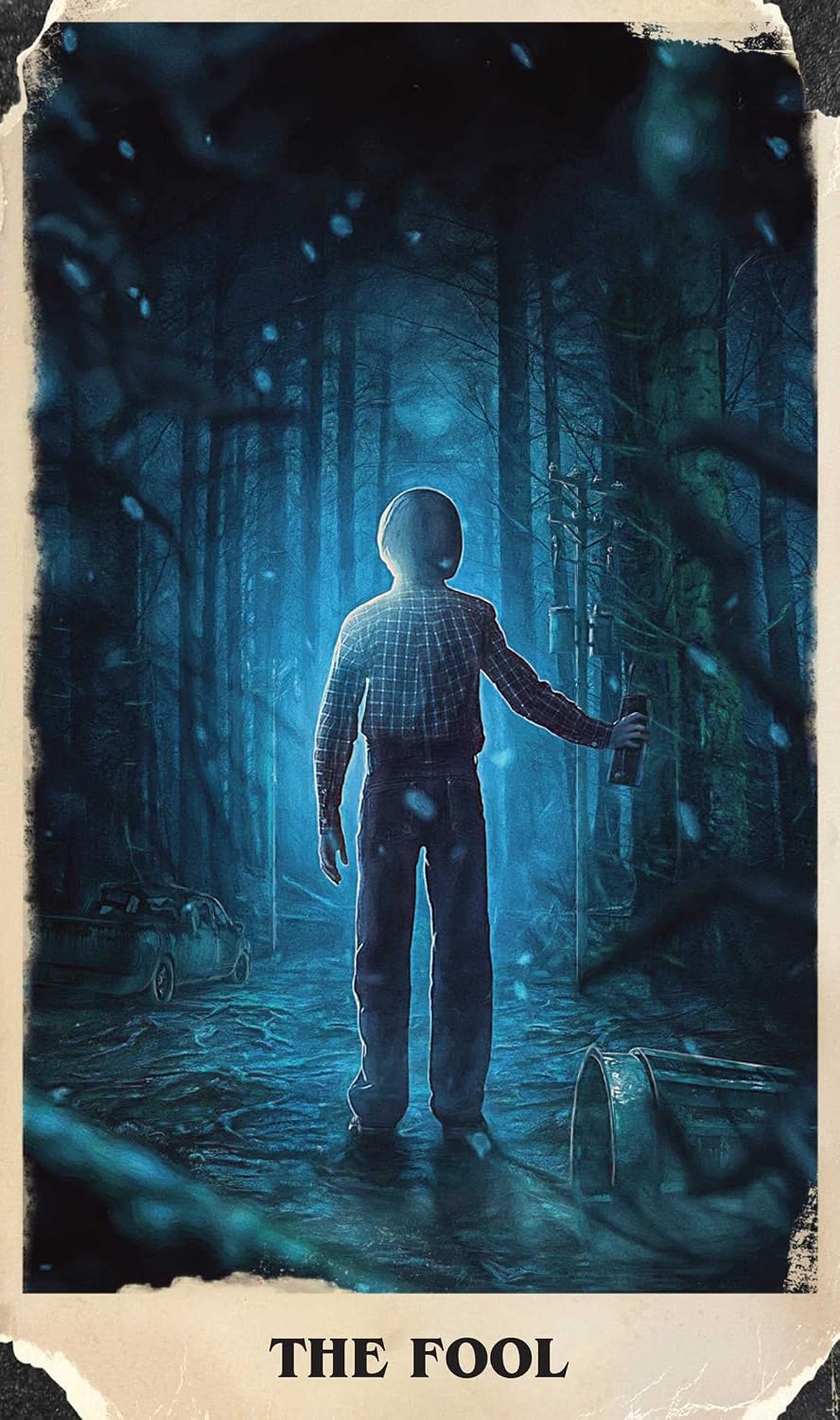 Man walking through a dark forest with 'The Fool' text at the bottom