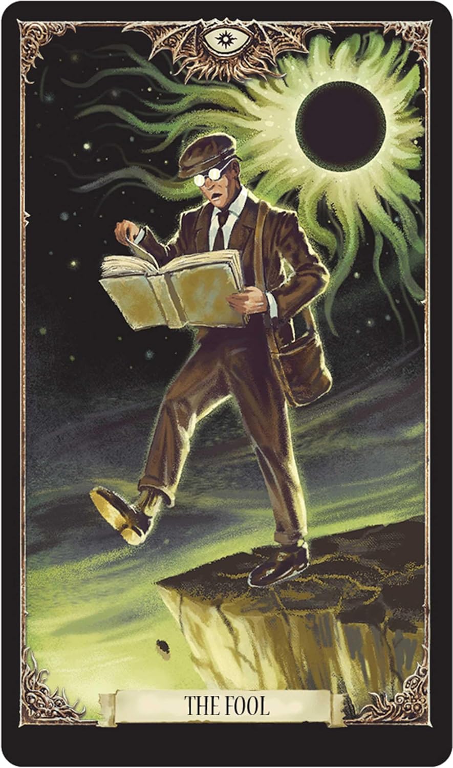 Tarot card featuring a character reading a book with a green glowing orb and eye symbol in the background.