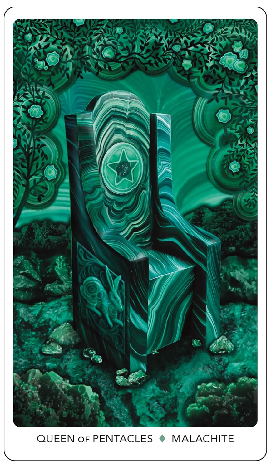 Card from a tarot deck featuring a throne with a star symbol, surrounded by green foliage.
