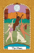 A stylized tarot card illustration titled 'The Moon' with the number 18 at the top. The scene shows three nude figures, one seated in a wheelchair, a white dog, a moon above mountains, and a decorative gold border around the card.