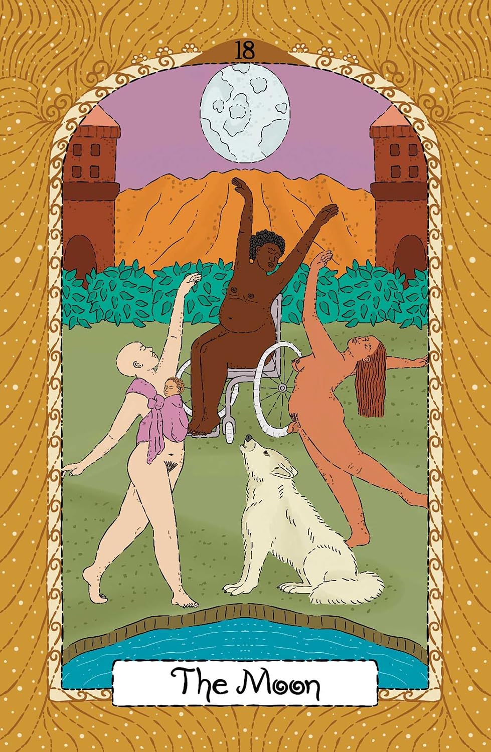 A stylized tarot card illustration titled 'The Moon' with the number 18 at the top. The scene shows three nude figures, one seated in a wheelchair, a white dog, a moon above mountains, and a decorative gold border around the card.