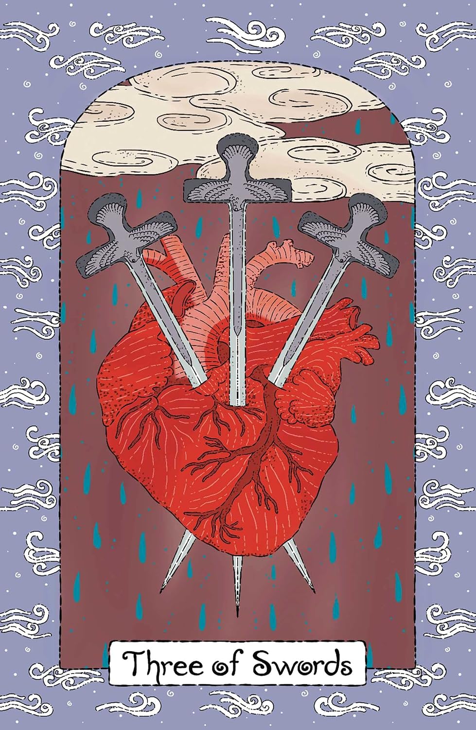 A tarot-style illustration labeled 'Three of Swords' shows a red anatomical heart pierced by three silver swords, set within an arched frame with cream clouds, blue rain-like drops, and a lavender border with white decorative motifs.