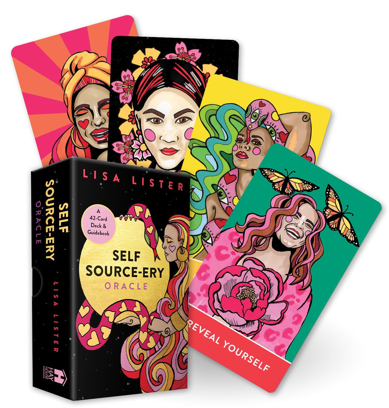 Set of colorful oracle cards with a box labeled 'Self Source-Ery Oracle' by Lisa Lister on a white background.
