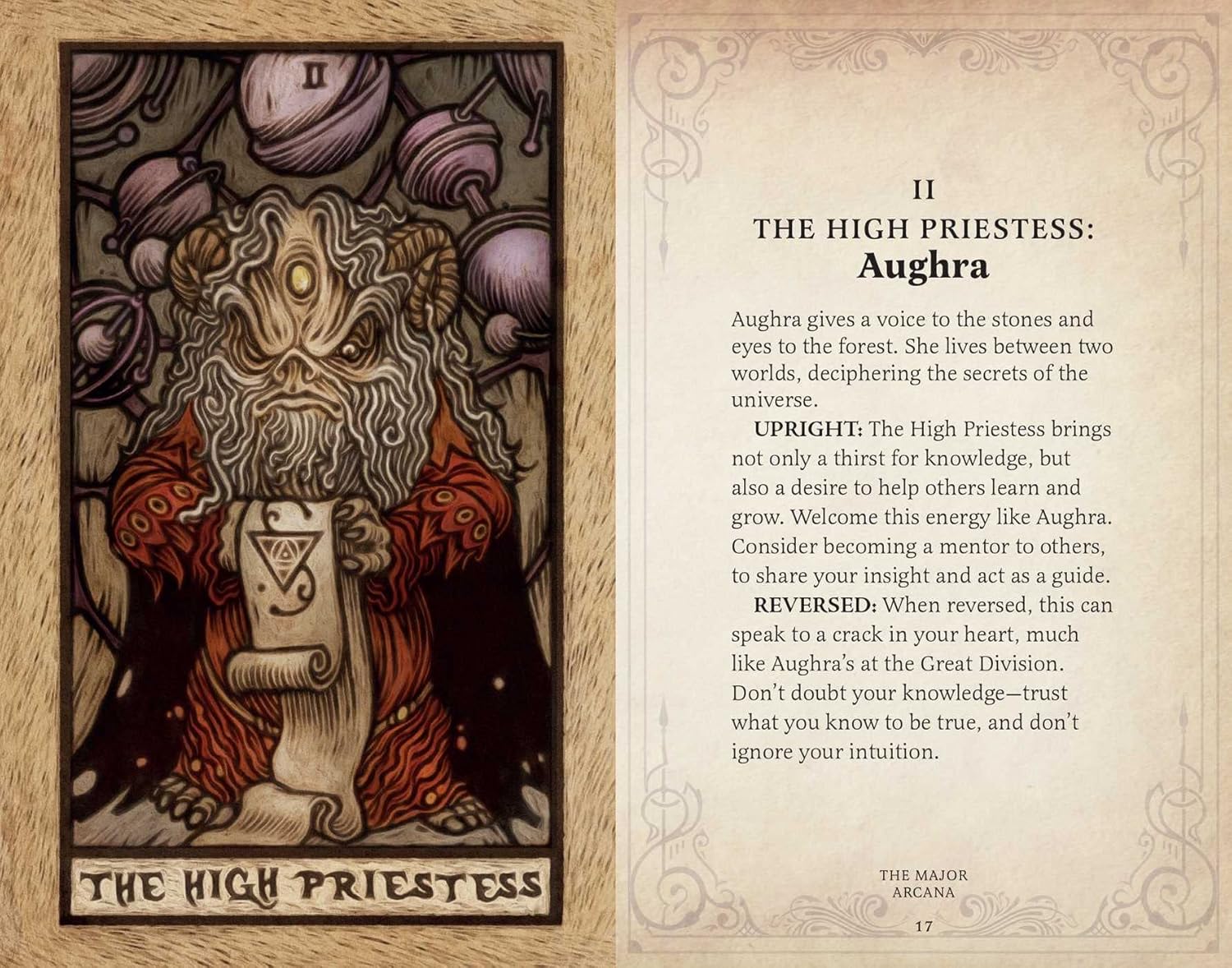 Tarot card featuring 'The High Priestess' with detailed illustration and descriptive text.