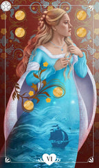 Tarot card with a woman in a blue dress holding a staff, surrounded by moons and a ship, on a decorative background.