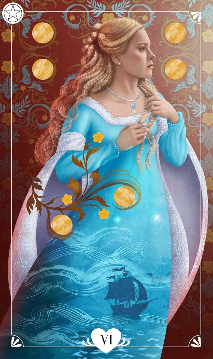 Tarot card with a woman in a blue dress holding a staff, surrounded by moons and a ship, on a decorative background.