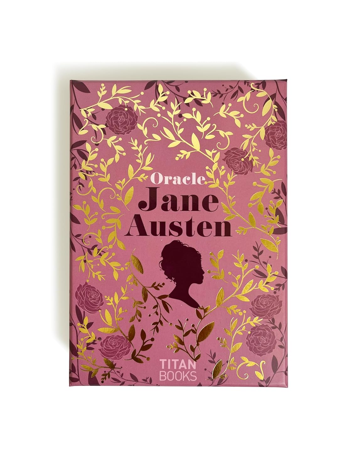 Book cover of 'Oracle Jane Austen' by Titan Books with floral design and silhouette on pink background