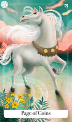 White horse with a decorative bridle on a colorful background with flowers and leaves.