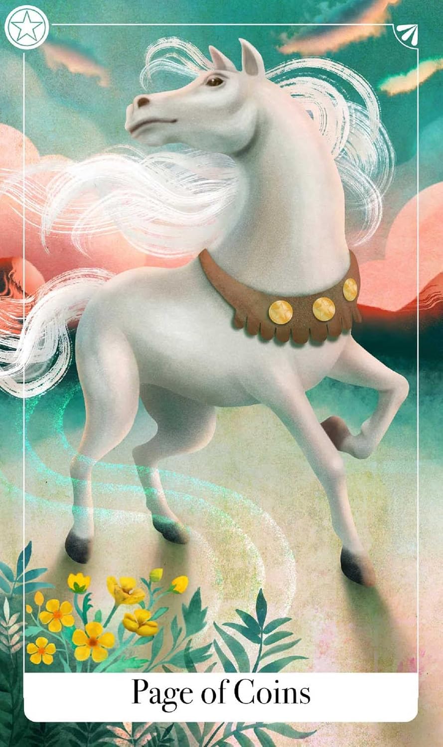 White horse with a decorative bridle on a colorful background with flowers and leaves.