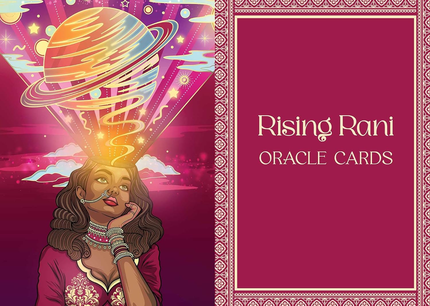 Rising Rani Oracle Cards deck box cover featuring a stylized illustration of a woman with a glowing planet and cosmic swirls on the left, and the title 'Rising Rani Oracle Cards' on a magenta panel with decorative border on the right.