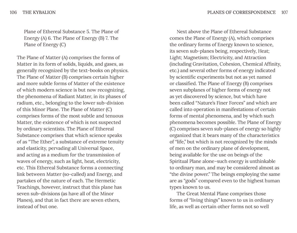 A scanned book page titled 'THE KYBALON' with the heading 'PLANE OF CORRESPONDENCE' and text discussing the Plane of Ether, Energy, Light, Magnetism, Electricity, and Attraction, plus descriptions of the Planes of Matter and Ether.