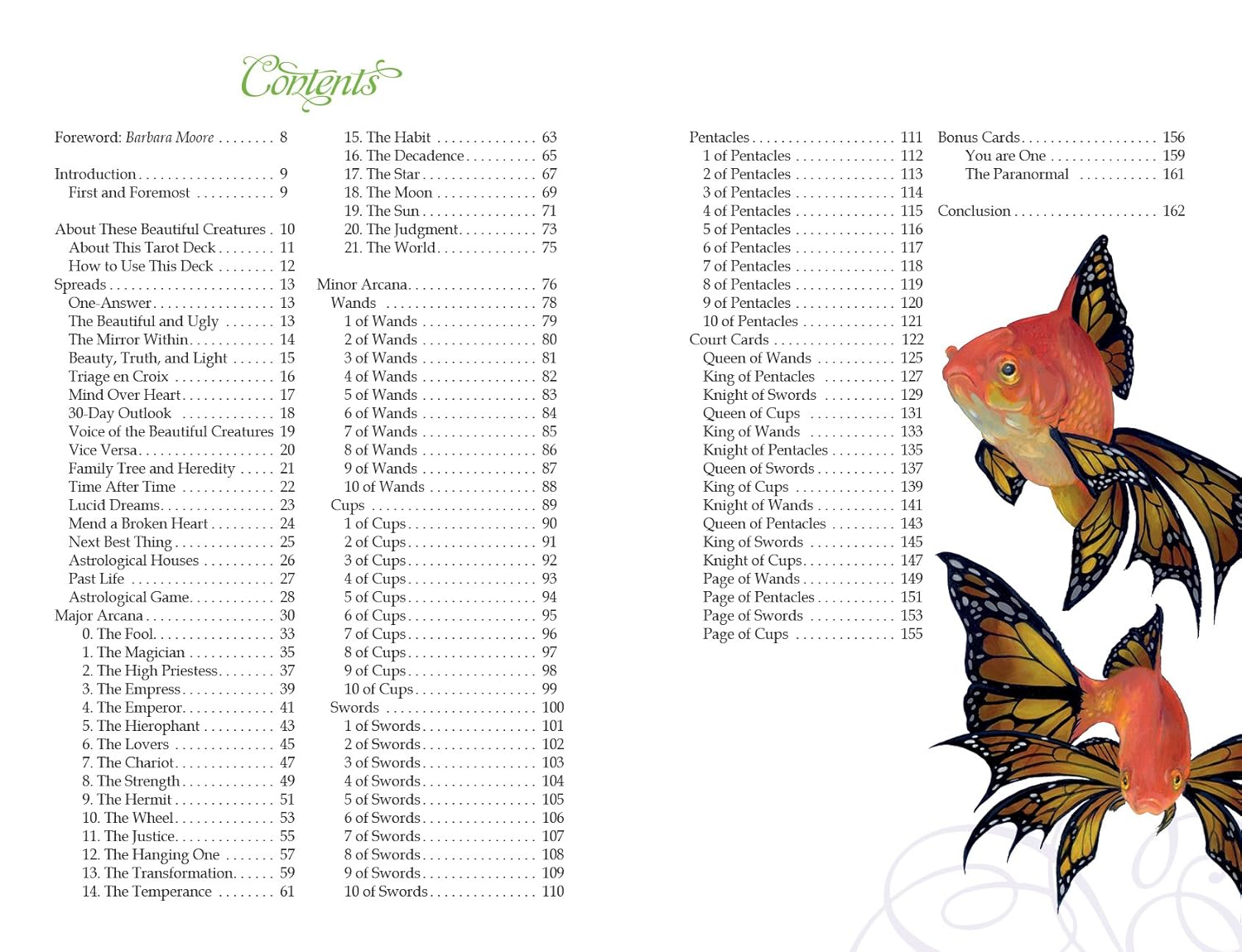 Table of contents for a tarot deck with colorful fish illustrations on a white background