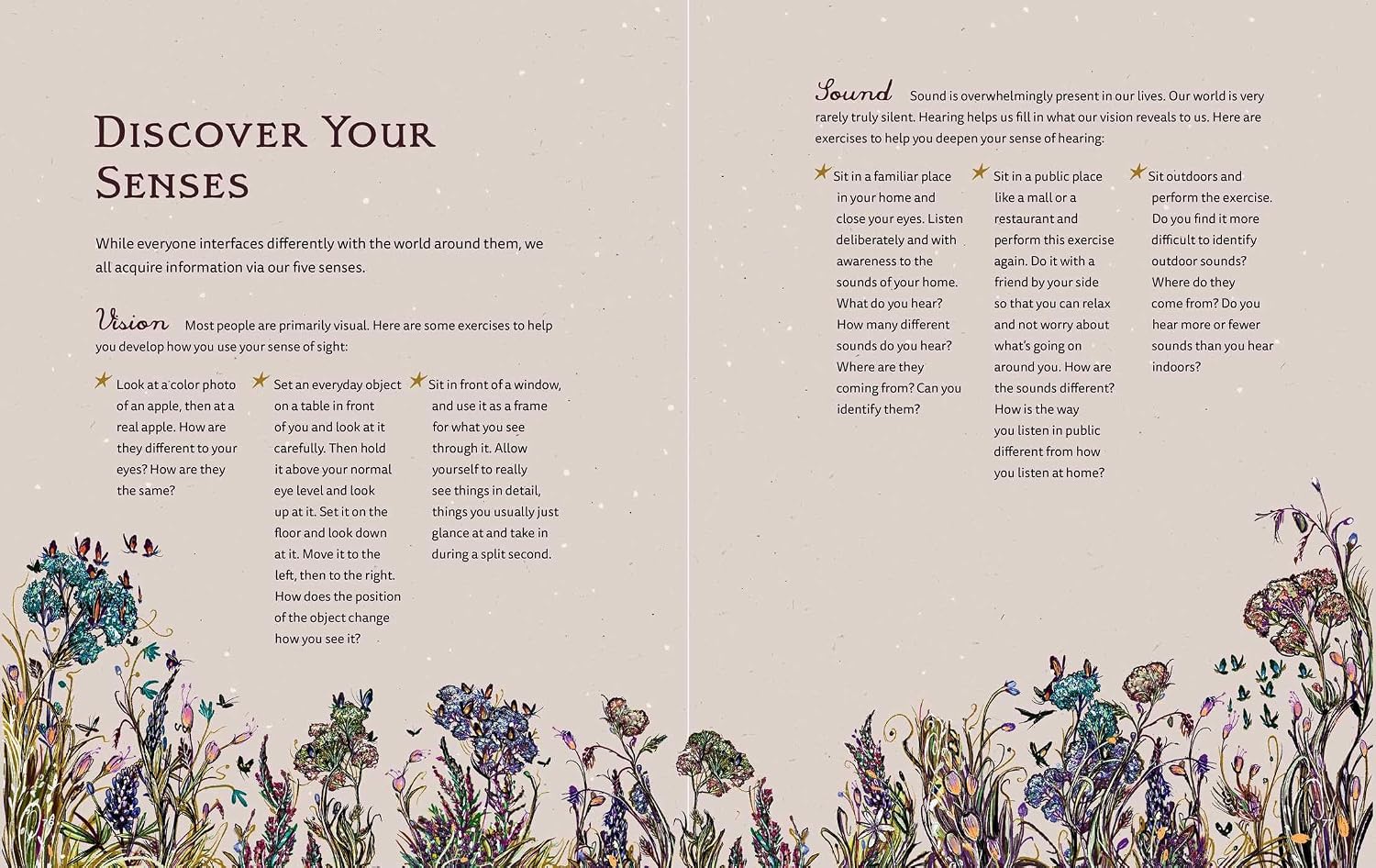 Brochure or book open to a page about discovering one's senses with floral design at the bottom.