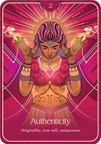 A stylized tarot-style card titled 'Authenticity' with the subtitle 'Originality, true self, uniqueness.' The central figure has pink hair, closed eyes, and raised hands, wearing ornate pink and gold clothing against a radiant pink and magenta background with geometric line details.
